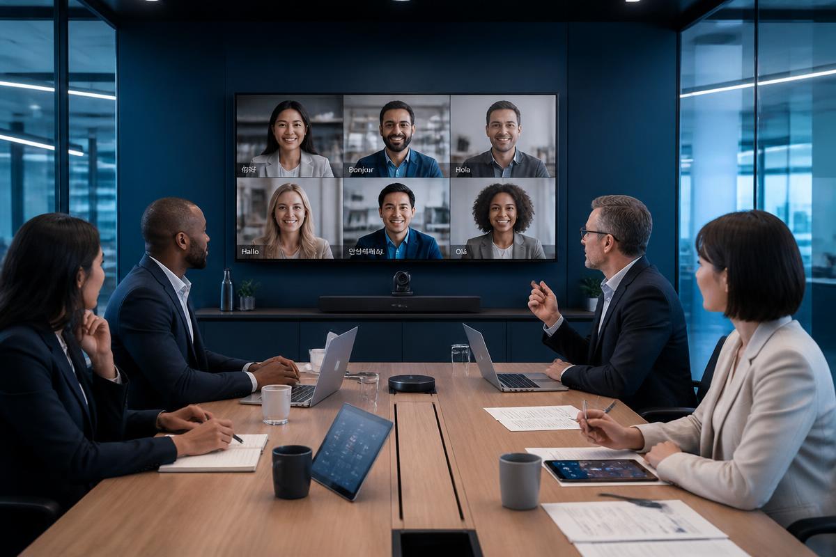 Diverse international team in a multilingual video conference meeting