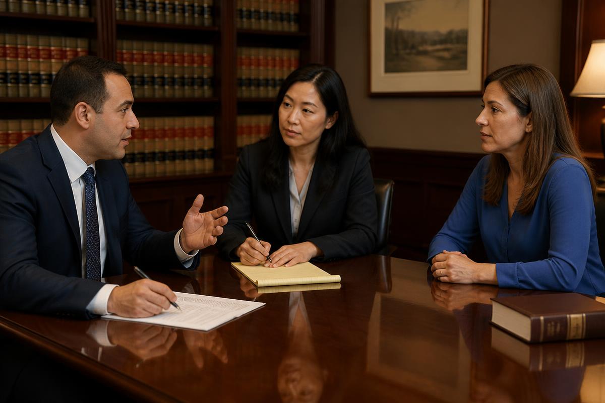 Attorney, client and interpreter in a law office conference room