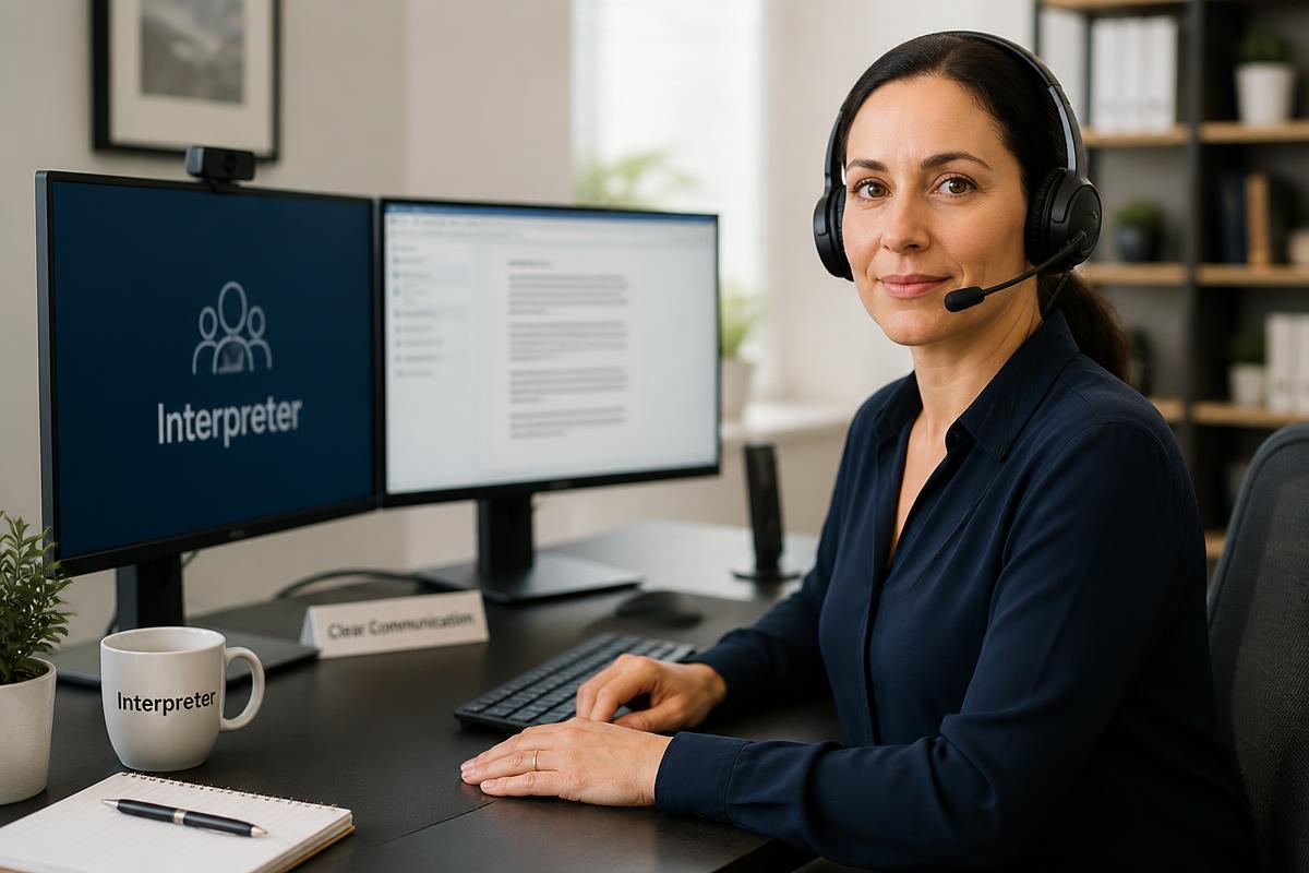 Professional interpreter wearing a headset at a modern home office workstation